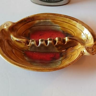 First National Bank Greeley Colorado Metal Coin Bank & Mid-Century Glazed Ashtray