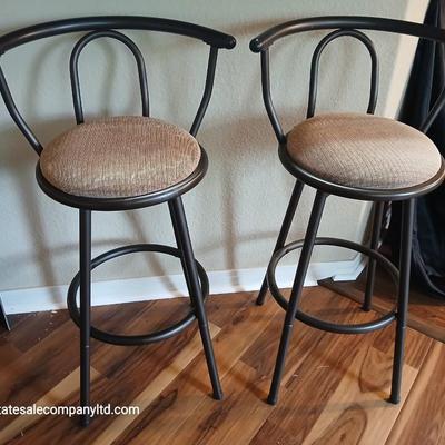Pair of Modern Black Metal Bar Stools with Upholstered Seats