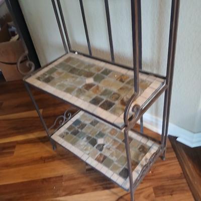 Folding Metal & Mosaic Tile Baker’s Rack – 3 Shelves with Scroll Detail
