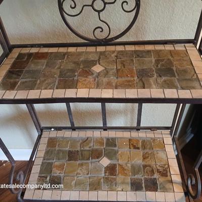 Folding Metal & Mosaic Tile Baker’s Rack – 3 Shelves with Scroll Detail