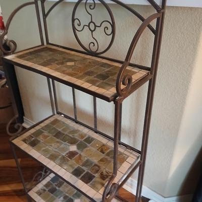 Folding Metal & Mosaic Tile Baker’s Rack – 3 Shelves with Scroll Detail