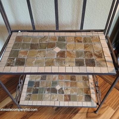 Folding Metal & Mosaic Tile Baker’s Rack – 3 Shelves with Scroll Detail