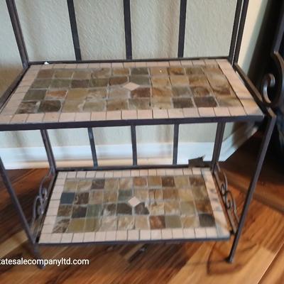 Folding Metal & Mosaic Tile Baker’s Rack – 3 Shelves with Scroll Detail