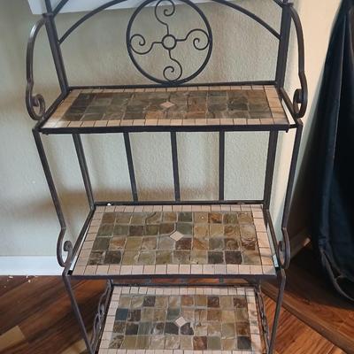 Folding Metal & Mosaic Tile Baker’s Rack – 3 Shelves with Scroll Detail