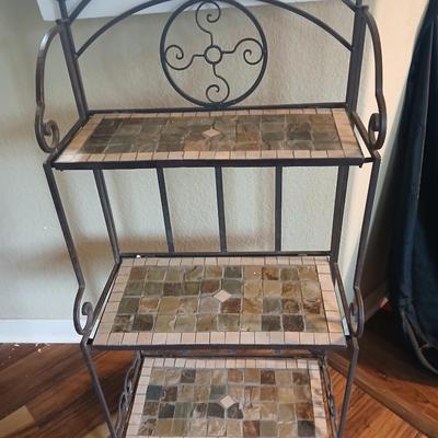 Folding Metal & Mosaic Tile Baker’s Rack – 3 Shelves with Scroll Detail