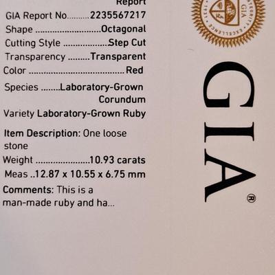 GIA Certified Lab Grown Ruby 10.93 cts