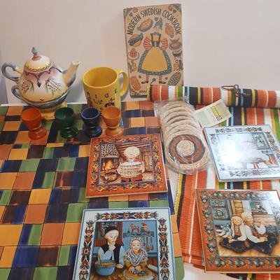 Charming Scandinavian Kitchen Decor Lot – Swedish Cookbook, Tiles, Linens & More