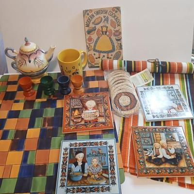 Charming Scandinavian Kitchen Decor Lot – Swedish Cookbook, Tiles, Linens & More