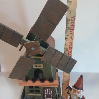 Rustic Miniature Windmill Birdhouse & Garden Gnome Figurine – “Love Nest” Decor Pair