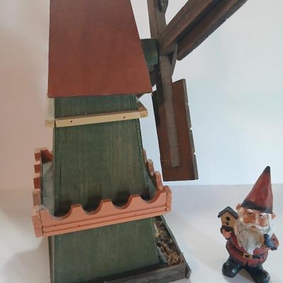 Rustic Miniature Windmill Birdhouse & Garden Gnome Figurine – “Love Nest” Decor Pair