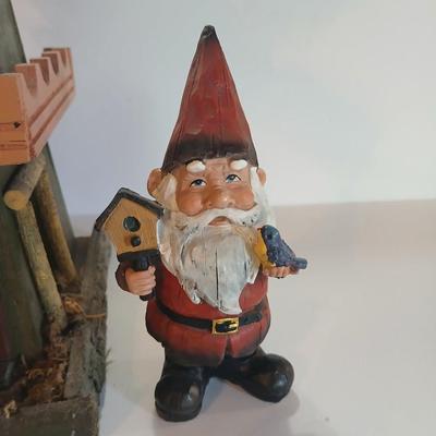 Rustic Miniature Windmill Birdhouse & Garden Gnome Figurine – “Love Nest” Decor Pair