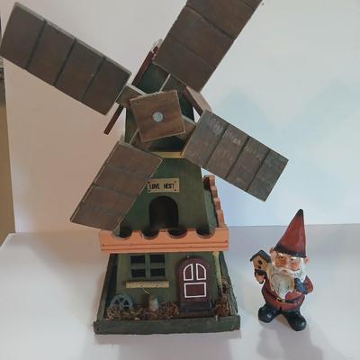 Rustic Miniature Windmill Birdhouse & Garden Gnome Figurine – “Love Nest” Decor Pair