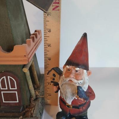 Rustic Miniature Windmill Birdhouse & Garden Gnome Figurine – “Love Nest” Decor Pair