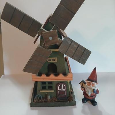 Rustic Miniature Windmill Birdhouse & Garden Gnome Figurine – “Love Nest” Decor Pair