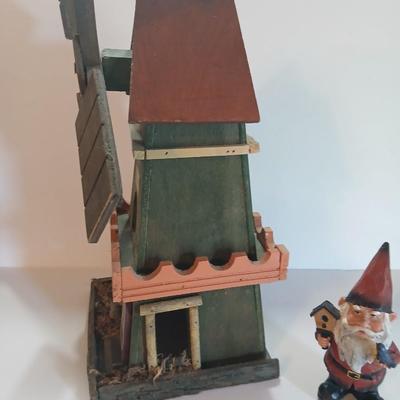 Rustic Miniature Windmill Birdhouse & Garden Gnome Figurine – “Love Nest” Decor Pair