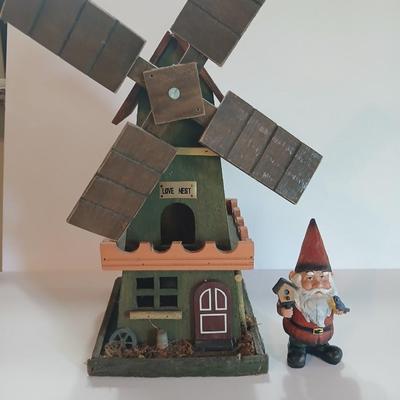 Rustic Miniature Windmill Birdhouse & Garden Gnome Figurine – “Love Nest” Decor Pair