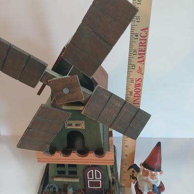 Rustic Miniature Windmill Birdhouse & Garden Gnome Figurine – “Love Nest” Decor Pair