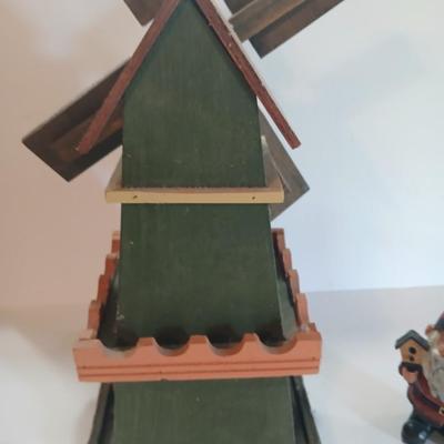 Rustic Miniature Windmill Birdhouse & Garden Gnome Figurine – “Love Nest” Decor Pair