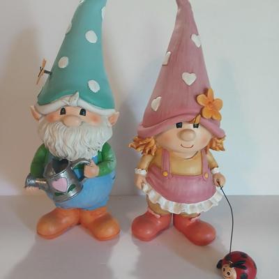 Whimsical Garden Gnome Figurine Pair – Boy with Watering Can & Girl with Ladybug