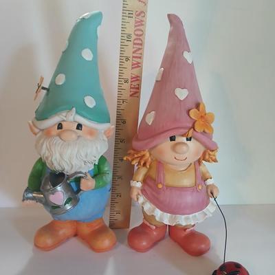 Whimsical Garden Gnome Figurine Pair – Boy with Watering Can & Girl with Ladybug
