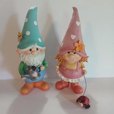 Whimsical Garden Gnome Figurine Pair – Boy with Watering Can & Girl with Ladybug