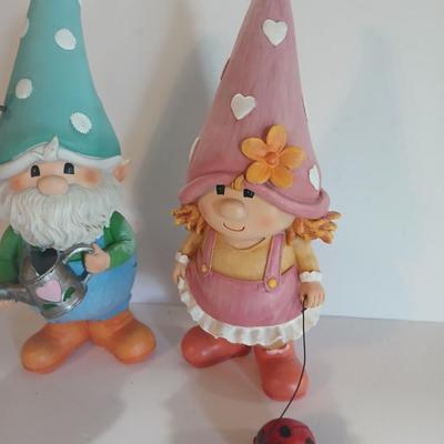 Whimsical Garden Gnome Figurine Pair – Boy with Watering Can & Girl with Ladybug