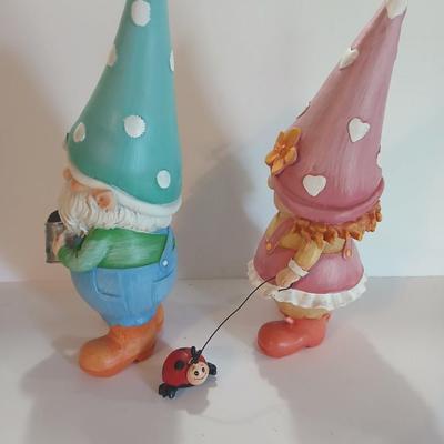 Whimsical Garden Gnome Figurine Pair – Boy with Watering Can & Girl with Ladybug