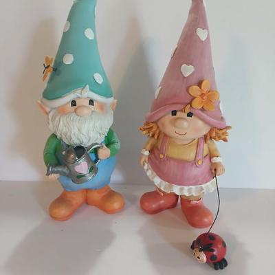 Whimsical Garden Gnome Figurine Pair – Boy with Watering Can & Girl with Ladybug