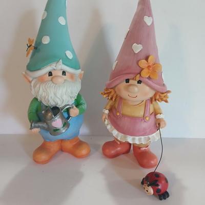 Whimsical Garden Gnome Figurine Pair – Boy with Watering Can & Girl with Ladybug