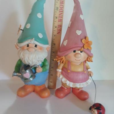Whimsical Garden Gnome Figurine Pair – Boy with Watering Can & Girl with Ladybug