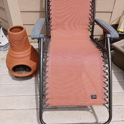 Outdoor Patio Lot – Terracotta Chiminea Planter & Bliss Zero Gravity Recliner