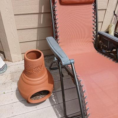 Outdoor Patio Lot – Terracotta Chiminea Planter & Bliss Zero Gravity Recliner