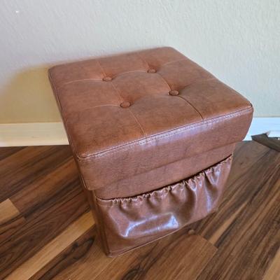 Vintage Faux Leather Tufted Storage Ottoman with Side Pocket – Brown