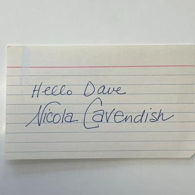 Actress Nicola Cavendish  signed note