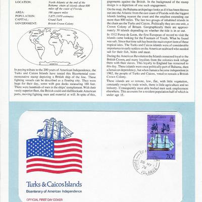 Turks and Caicos Islands - International Tributes to America's Bicentennial FDC