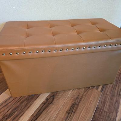 Tufted Faux Leather Storage Bench – Studded Trim, Camel Brown