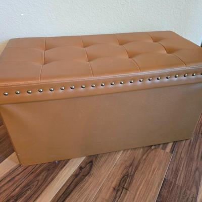 Tufted Faux Leather Storage Bench – Studded Trim, Camel Brown