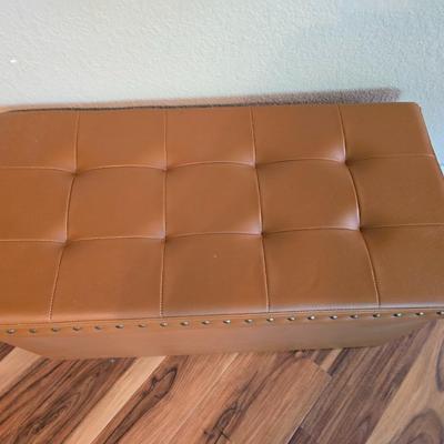 Tufted Faux Leather Storage Bench – Studded Trim, Camel Brown