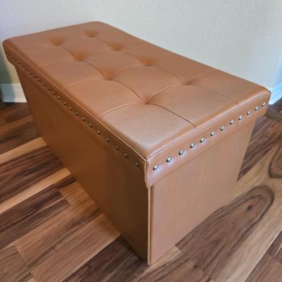 Tufted Faux Leather Storage Bench – Studded Trim, Camel Brown