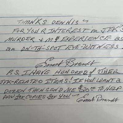 JFK Assassination Ernest Brandt signed note