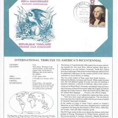 Togo - International Tributes to America's Bicentennial FDC
