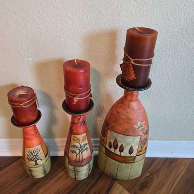 Set of 3 Hand-Painted Decorative Candle Holders with Autumn Pillar Candles