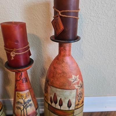 Set of 3 Hand-Painted Decorative Candle Holders with Autumn Pillar Candles