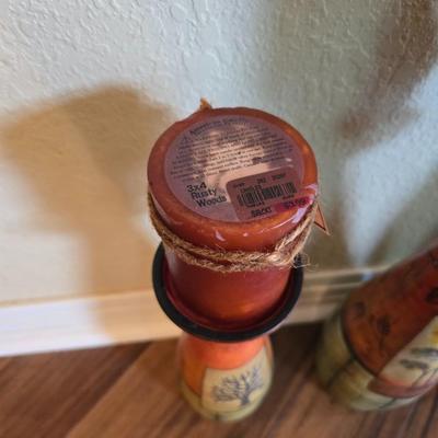Set of 3 Hand-Painted Decorative Candle Holders with Autumn Pillar Candles