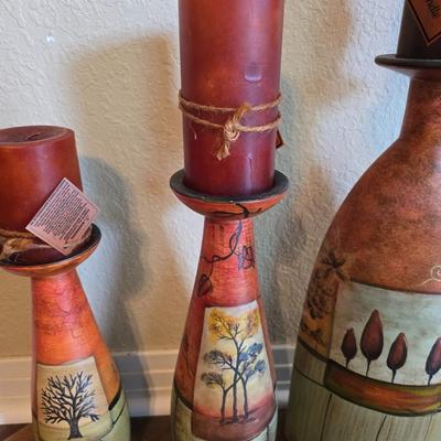 Set of 3 Hand-Painted Decorative Candle Holders with Autumn Pillar Candles