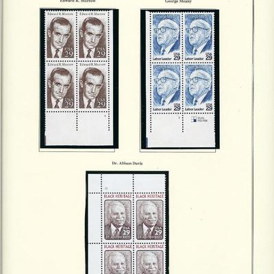 1996 US stamp collector sheet featuring Edward R. Murrow, George Meany and Dr. Allison Davis stamps