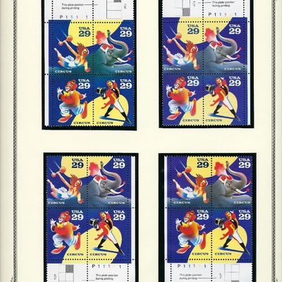 Circus stamps 4 plate blocks 16 x 29 cent stamps