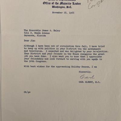 Speaker of The House 1966 Carl Albert signed letter