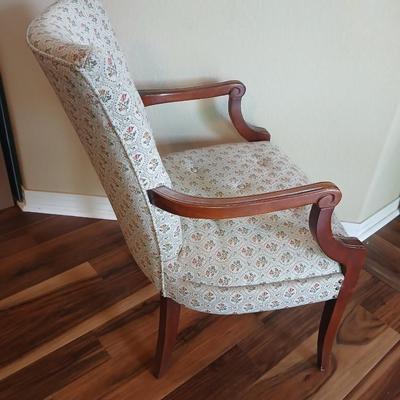 Vintage Upholstered Accent Chair with Floral Damask Fabric & Carved Wood Arms