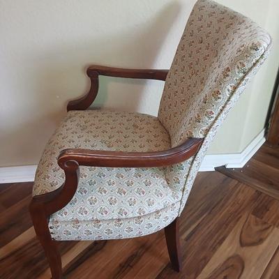 Vintage Upholstered Accent Chair with Floral Damask Fabric & Carved Wood Arms